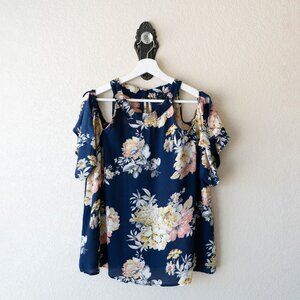 Lily Black Women's Size XL Blue Floral Blouse Split Flutter Short Sleeve